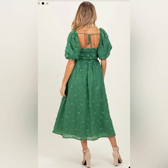 PinkBlush Green Embroidered Floral Puff Sleeve Maternity Midi Dress - Picture 2 of 2